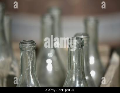 Local winery empty wine bottles in an antique wooden crate. Stock Photo