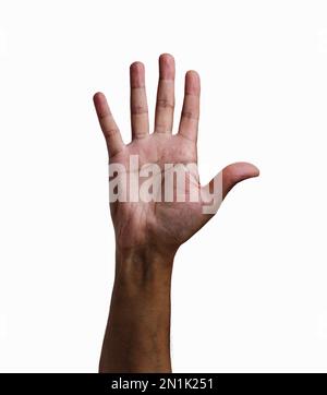 Close-up of man hand showing five fingers with white background Stock Photo
