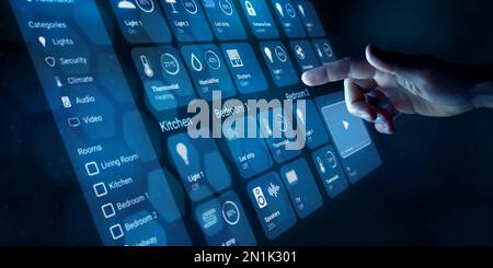 Smart home dashboard interface with person touching a button to control connected devices and set up automation technology. Using smart assistant for Stock Photo