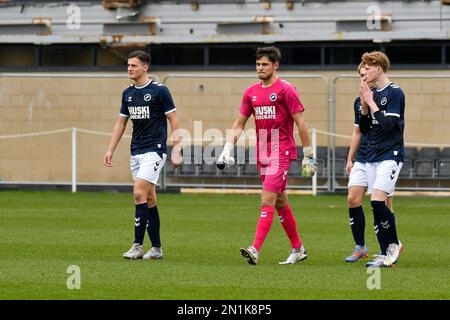 Swansea, Wales. 4 February 2023. Zane Myers of Swansea City under pressure  from Oliver Evans of Millwall during the Professional Development League  game between Swansea City Under 18 and Millwall Under 18