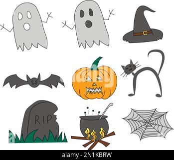 Colored set of nine Halloween icons with ghost, bat, pumpkin, black cat Stock Vector