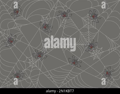 Halloween pattern with scary spiders web and pumpkins on grey background Stock Vector