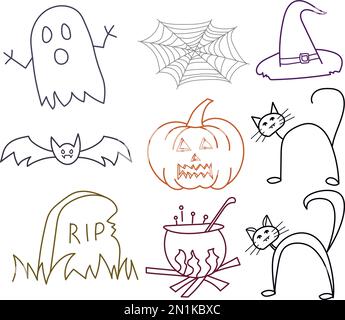 Hatching set of nine Halloween icons with ghost, bat, pumpkin, black cat Stock Vector