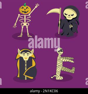 Clipart with Halloween characters Skeleton pumpkin, Grim Reaper, Dracula, Mummy Stock Vector