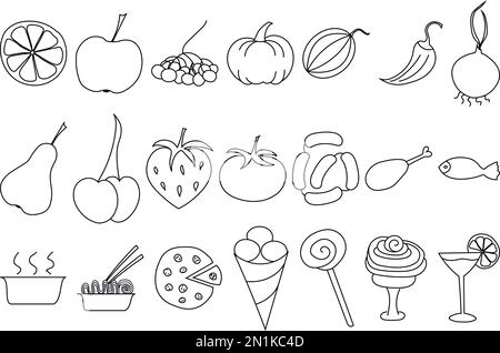 Outline drawing with icon pack of food, drinks, dishes, fruits and vegetables Stock Vector