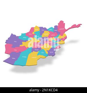 Afghanistan political map of administrative divisions - provinces. 3D colorful vector map with name labels. Stock Vector