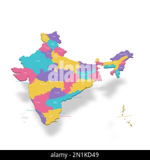 India political map of administrative divisions - states and union teritorries. 3D colorful vector map with name labels. Stock Vector