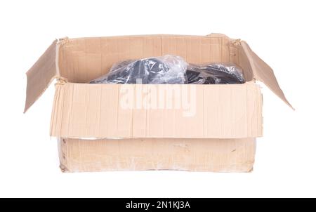 Battered cartboard box isolated on a white background Stock Photo
