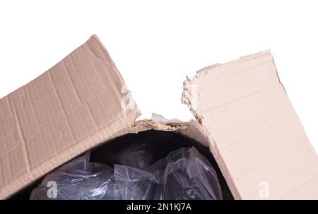 Battered cartboard box isolated on a white background Stock Photo