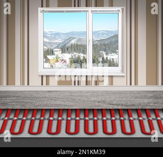 Cold season comfort. Room with installed underfloor heating system, illustration Stock Photo