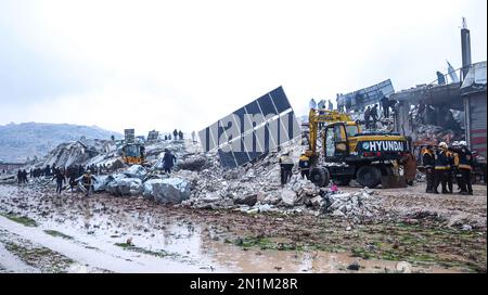 Idlib, Syria. 06th Feb, 2023. Rescue teams search for victims in the rubble following an earthquake in northwestern Syrian Idlib in the rebel-held part of Idlib province, on February 6, 2023. - Hundreds have been reportedly killed in Turkey and Syria after a 7.8-magnitude earthquake that originated in Turkey and was felt across Middle East countries. Photo by Syria Civil Defense/UPI Credit: UPI/Alamy Live News Stock Photo