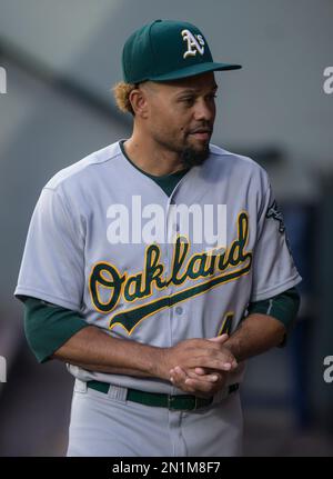 Oakland Athletics' Coco Crisp walks on the field during the first baseball  game of a doubleheader against the Baltimore Orioles in Baltimore,  Saturday, May 7, 2016. (AP Photo/Patrick Semansky Stock Photo - Alamy