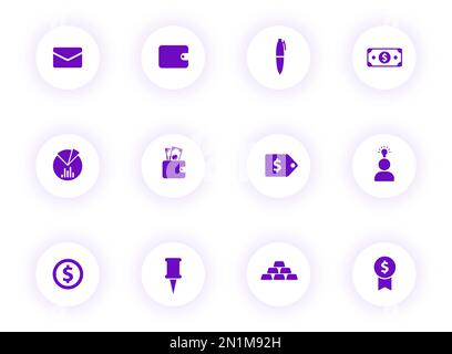 business purple color vector icons on light round buttons Stock Vector