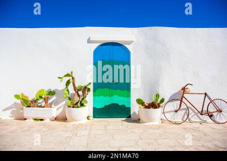 Blue door with cactus and the traditional white walls in the town of Ostuni (Puglia - Italy). Stock Photo