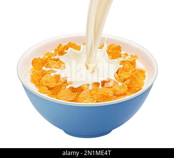 Corn flakes with milk splashes isolated on white background Stock Photo
