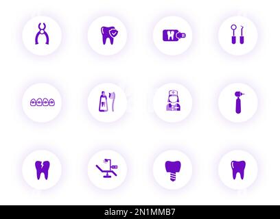 dental purple color vector icons on light round buttons Stock Vector