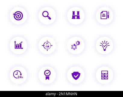 data analytics purple color vector icons on light round buttons Stock Vector