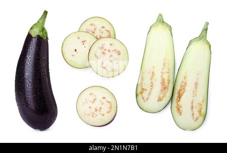 Set of fresh cut and whole eggplants on white background Stock Photo