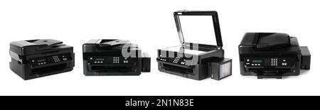 Modern multifunction printer on white background, views from different sides. Banner design Stock Photo