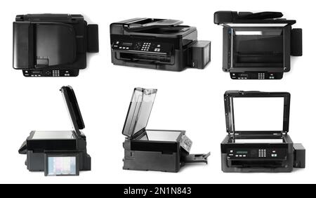 Modern multifunction printer on white background, views from different sides Stock Photo