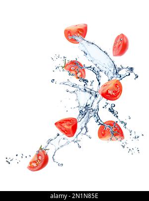 Fresh cut tomatoes with water splash on white background Stock Photo ...