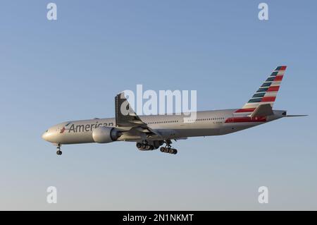 American Airlines Boeing 777-323(ER) with registration N730AN shown approaching LAX, Los Angeles International Airport. Stock Photo