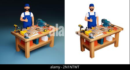 3d Worker at a workbench with working tools Stock Photo