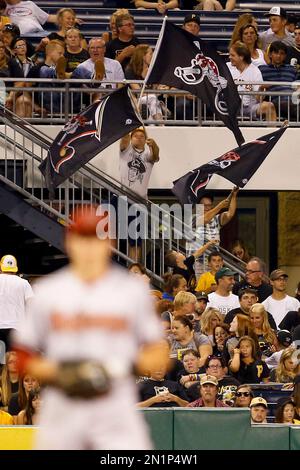 Pittsburgh Pirates mascot waves the pirate's flag, the Jolly Rogers  following the Pirates 7-0 win against the Houston Astros at PNC Park in  Pittsburgh on April 13, 2009. .(UPI Photo/Archie Carpenter Stock