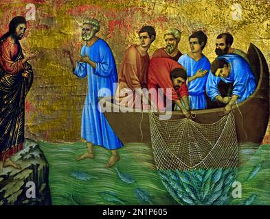 Duccio di Buoninsegna - Appearance on Lake Tiberias 13th 14th Century, Fine Art Museum, Italy, Italian,  1255– 1318 I'm going out to fish,' Simon Peter told them, and they said, 'We'll go with you.' So they went out and got into the boat, but that night they caught nothing. Early in the morning, Jesus stood on the shore, but the disciples did not realize that it was Jesus. He called out to them, 'Friends, haven't you any fish? Stock Photo