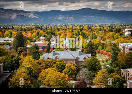 A view of UM bell tower from Mount Sentinel in Missoula, Montana Stock Photo