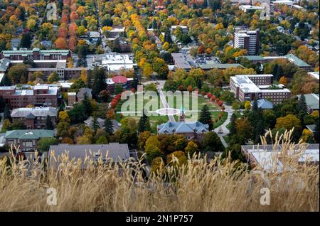 A view of UM including the bell tower from Mount Sentinel in Missoula, Montana Stock Photo