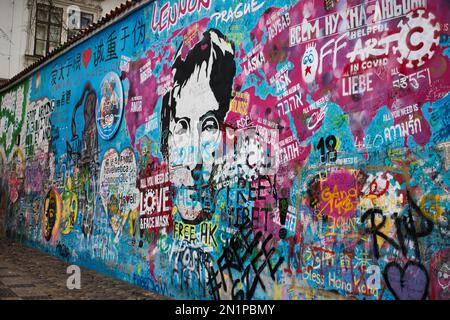 Wall painting of John Lennons face in Prague center. Prague is the capital of the Czech republic. Stock Photo