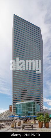 Boston Financial District: 1 Financial Center is an irregular hexagon shaft of glass and steel with an attached glass atrium, off Dewey Square. Stock Photo