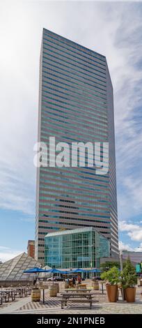 Boston Financial District: 1 Financial Center is an irregular hexagon shaft of glass and steel with an attached glass atrium, off Dewey Square. Stock Photo