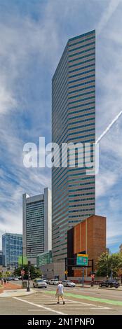 Boston Financial District: 1 Financial Center is an irregular hexagon shaft of glass and steel with an attached glass atrium, off Dewey Square. Stock Photo