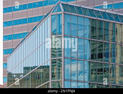 Boston Financial District: 1 Financial Center is an irregular hexagon shaft of glass and steel with an attached glass atrium, off Dewey Square. Stock Photo