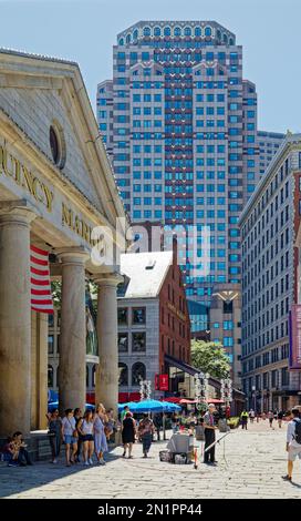 Boston Financial District: Colorful 75 State Street, seen here from Faneuil Hall Square, is a modern (1988) art deco skyscraper. Stock Photo