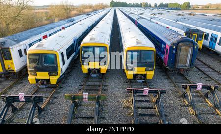 Picture dated February 1st shows trains stacked up in sidings in Ely, Cambridgeshire, today (Wed) as national strikes by rail workers continue this we Stock Photo
