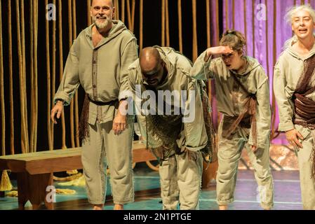 Santiago,  Spain, feb 04, 2023. performance of A contenda do rio minho in the theatre hall of Santiago.  Supporting Actor : Fran Núñez Supporting Actress : Eduarda Filipa  Actress : Grasiela Múller  Actress : Solange Sáa  Actor : Rogério Boane Actor : Carlos Feio Actor : António Jorge Actress : Aisa Pérez Leading Actress : Silvia Brito Costumes : Cristina Cordido e María Negreira Lighting : Juanjo Amado Direction : Fran Núñez Make-up : Paulo Bragança Set design : Team of the Centro Dramático Galego Music : Grasiela Müller, Paulo Bragança and other Stock Photo