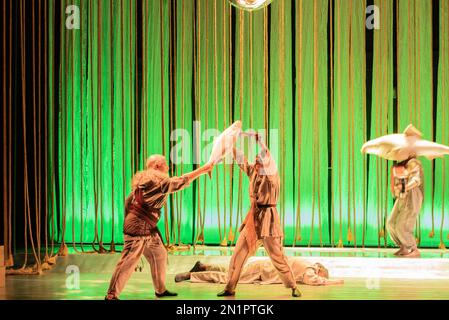 Santiago,  Spain, feb 04, 2023. performance of A contenda do rio minho in the theatre hall of Santiago.  Supporting Actor : Fran Núñez Supporting Actress : Eduarda Filipa  Actress : Grasiela Múller  Actress : Solange Sáa  Actor : Rogério Boane Actor : Carlos Feio Actor : António Jorge Actress : Aisa Pérez Leading Actress : Silvia Brito Costumes : Cristina Cordido e María Negreira Lighting : Juanjo Amado Direction : Fran Núñez Make-up : Paulo Bragança Set design : Team of the Centro Dramático Galego Music : Grasiela Müller, Paulo Bragança and other Stock Photo