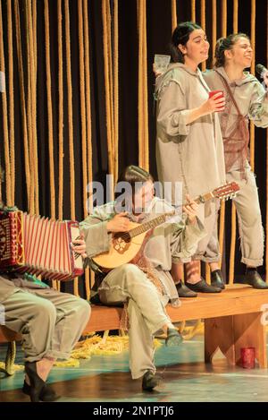 Santiago,  Spain, feb 04, 2023. performance of A contenda do rio minho in the theatre hall of Santiago.  Supporting Actor : Fran Núñez Supporting Actress : Eduarda Filipa  Actress : Grasiela Múller  Actress : Solange Sáa  Actor : Rogério Boane Actor : Carlos Feio Actor : António Jorge Actress : Aisa Pérez Leading Actress : Silvia Brito Costumes : Cristina Cordido e María Negreira Lighting : Juanjo Amado Direction : Fran Núñez Make-up : Paulo Bragança Set design : Team of the Centro Dramático Galego Music : Grasiela Müller, Paulo Bragança and other Stock Photo