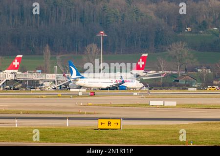 Zurich, Switzerland, January 20,2023 Anadolu Boeing 737-8F2 aircraft is taxiing to its position Stock Photo