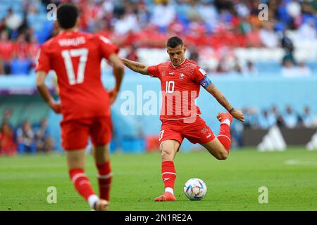 AL WAKRAH, QATAR - NOVEMBER 24: Granit Xhaka during the FIFA World Cup Qatar 2022 Group G match between Switzerland and Cameroon at Al Janoub Stadium on November 24, 2022 in Al Wakrah, Qatar. (Photo by MB Media) Stock Photo