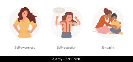 Emotional intelligence isolated cartoon vector illustration set. Self-awareness, confident woman, emotion regulation, child with clenched fist, show empathy, mom comfort kid vector cartoon. Stock Vector