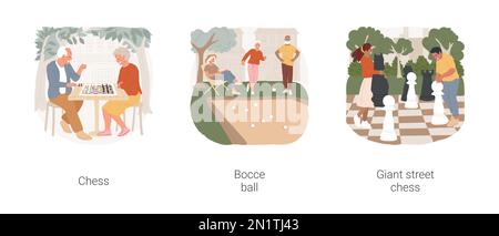 Community games isolated cartoon vector illustration set. Senior people playing chess in park, bocce ball game, diverse people moving giant street chess figures, outdoor recreation vector cartoon. Stock Vector