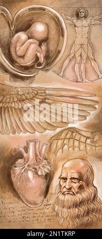 Art illustration Montage of images reflecting the life and work of Leonardo da Vinci, especially his anatomical studies, medical dissections, research Stock Photo