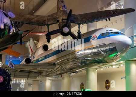 Chicago, IL, USA - February 6, 2023: Boeing 727 (N7017U) on display at the Museum of Science and Industry in Chicago, Illinois. Stock Photo