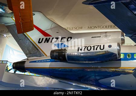 Chicago, IL, USA - February 6, 2023: Boeing 727 (N7017U) on display at the Museum of Science and Industry in Chicago, Illinois. Stock Photo