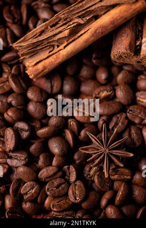 Coffee Beans, cinammon and star anise Stock Photo