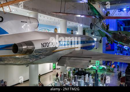 Chicago, IL, USA - February 6, 2023: Boeing 727 (N7017U) on display at the Museum of Science and Industry in Chicago, Illinois. Stock Photo